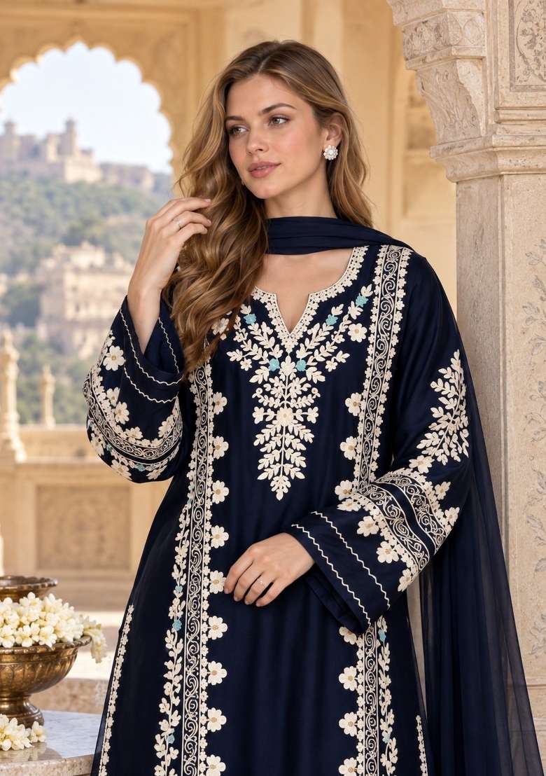 Dark Navy Blue Embroidery Satin Kurta Set - Indya