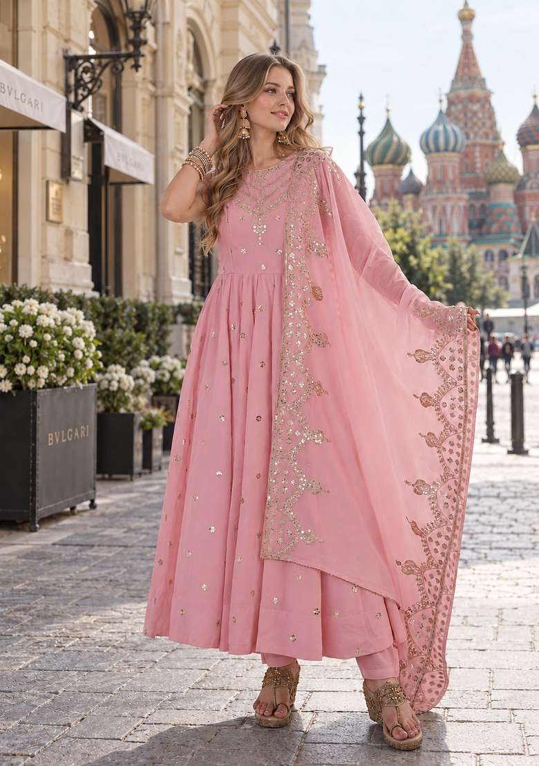 Pink Embroidery Silk Anarkali Set - Indya