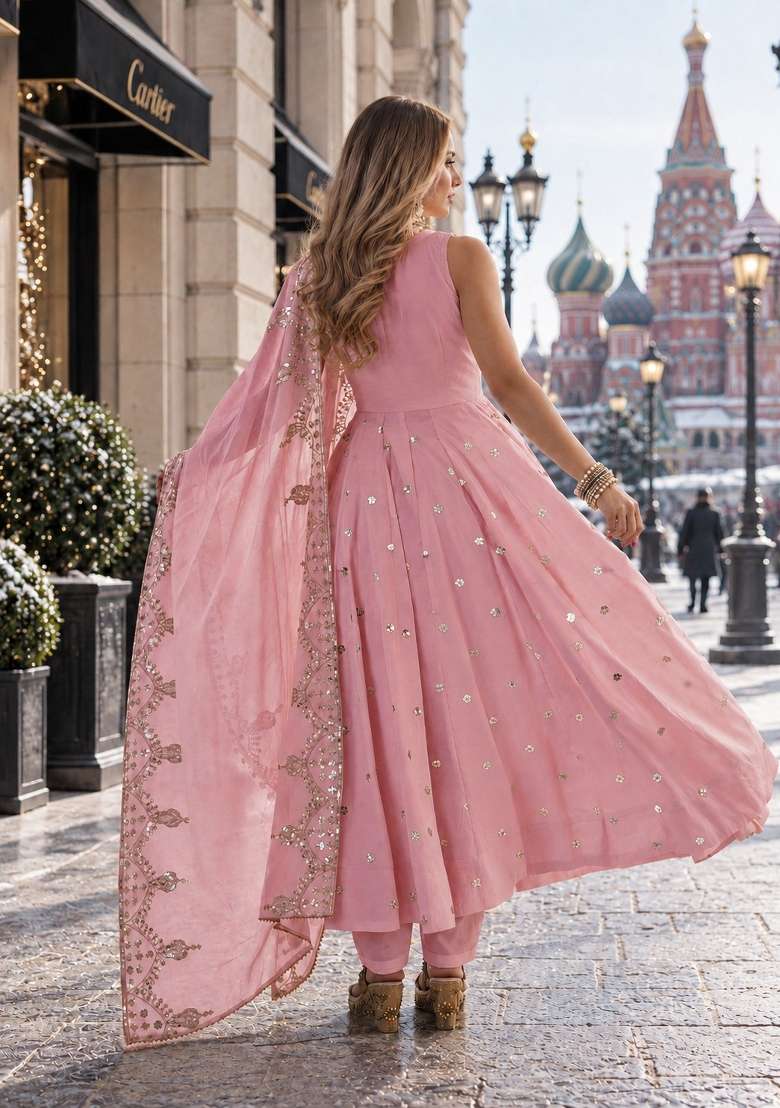 Pink Embroidery Silk Anarkali Set - Indya