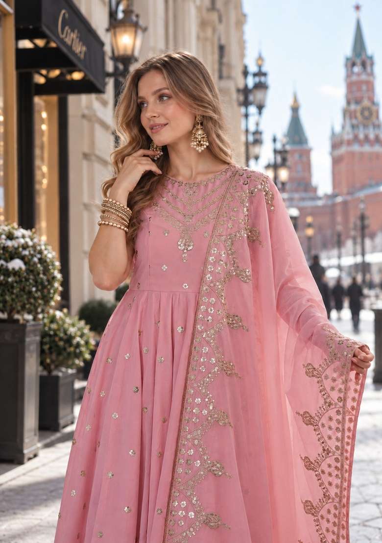 Pink Embroidery Silk Anarkali Set - Indya