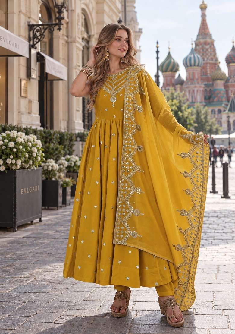 Mustard Embroidery Silk Anarkali Set - Indya