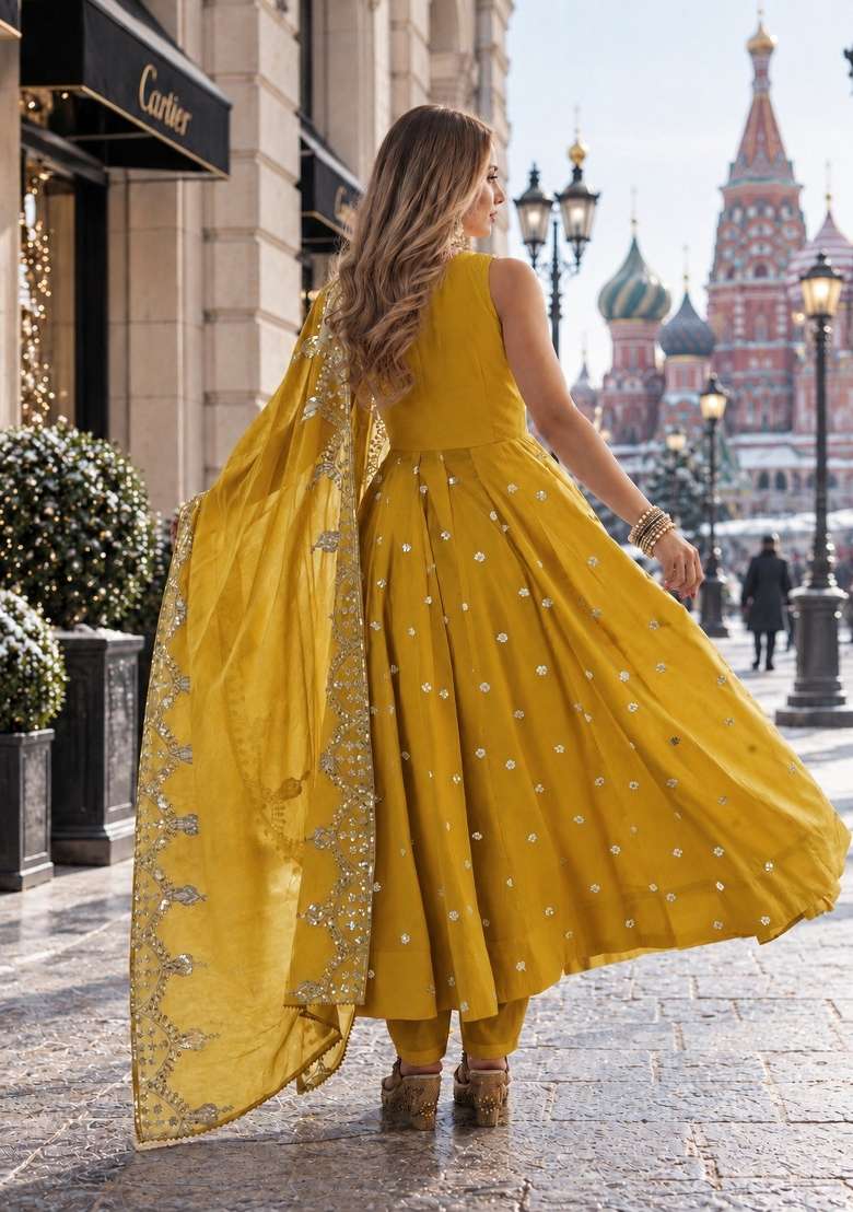 Mustard Embroidery Silk Anarkali Set - Indya