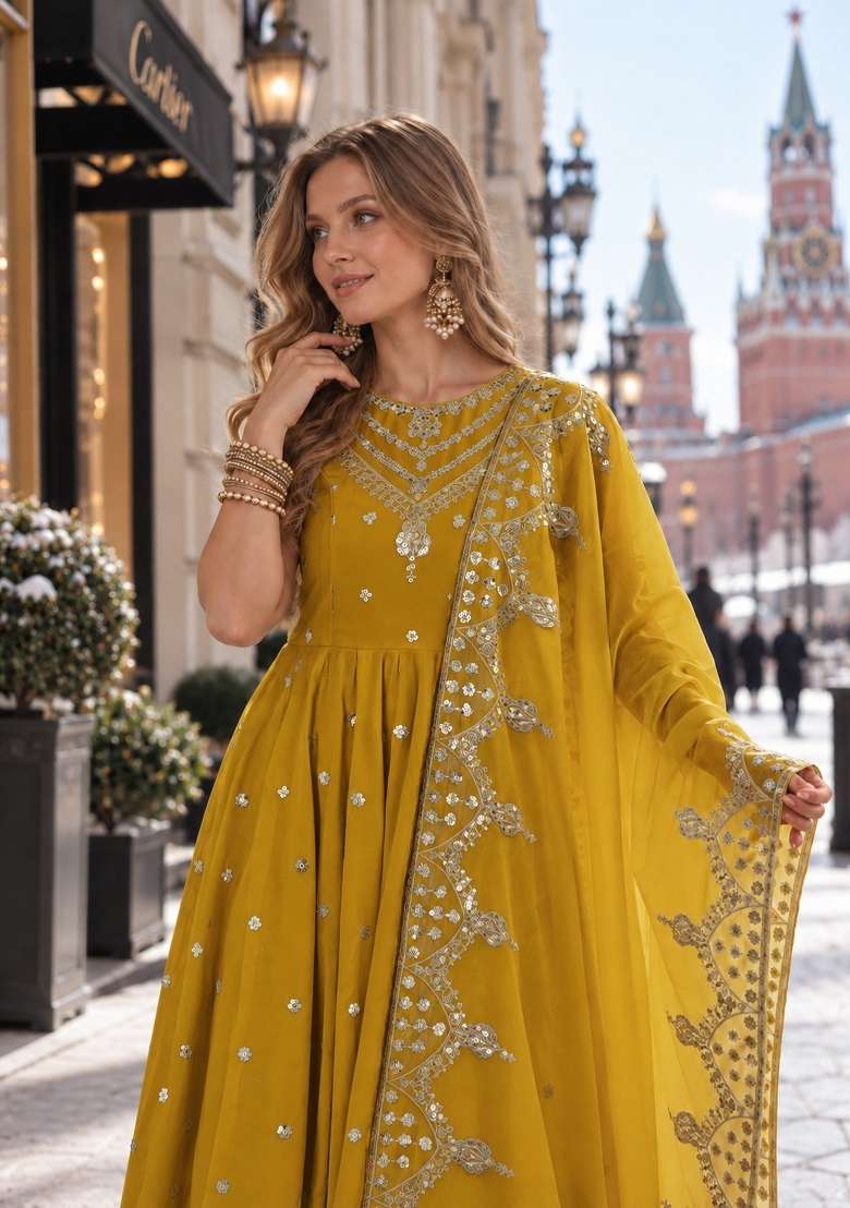 Mustard Embroidery Silk Anarkali Set - Indya