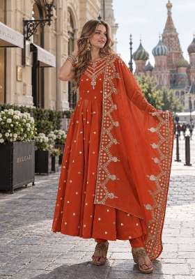 Orange Embroidery Silk Anarkali Set