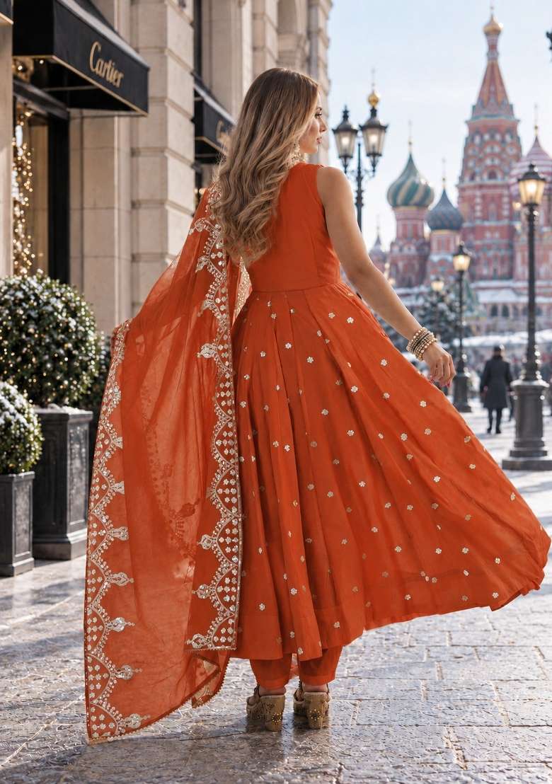 Orange Embroidery Silk Anarkali Set - Indya