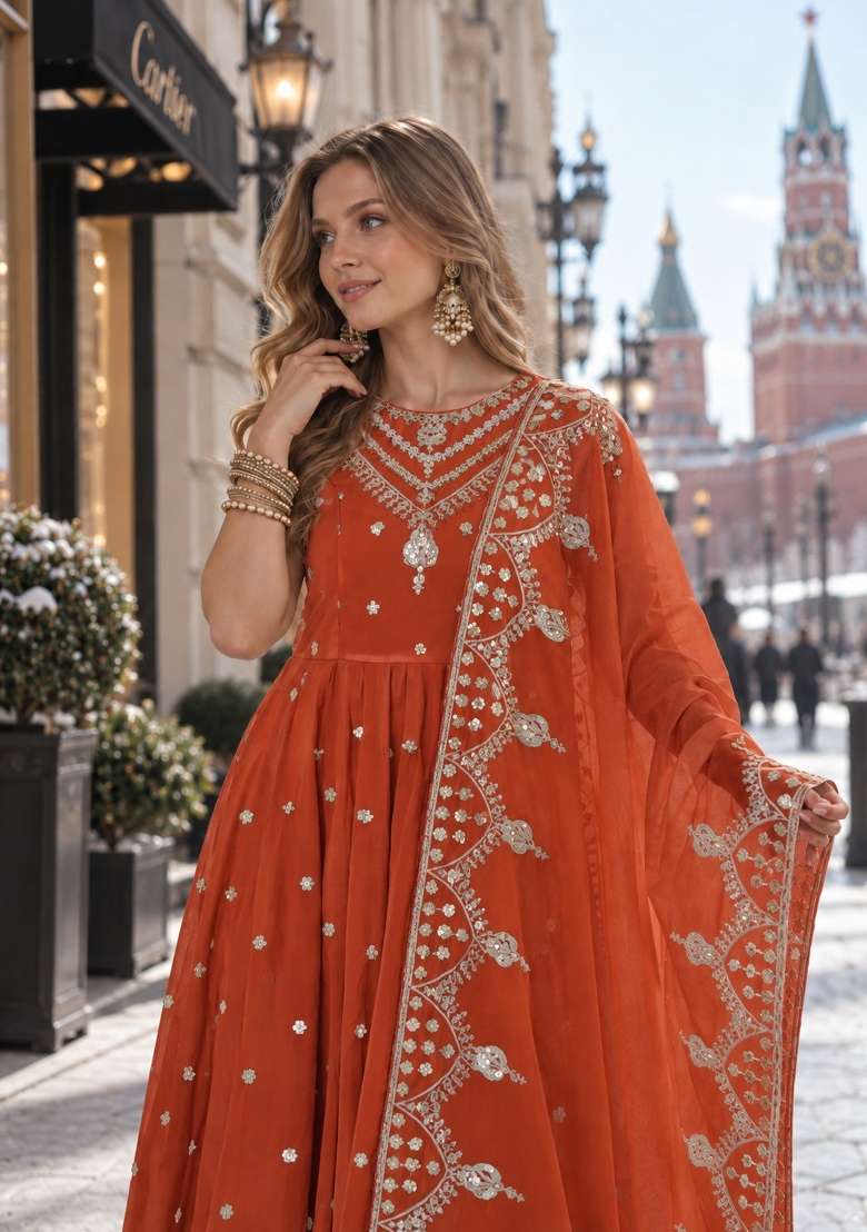 Orange Embroidery Silk Anarkali Set - Indya