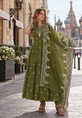 Mehendi Embroidery Silk Anarkali Set