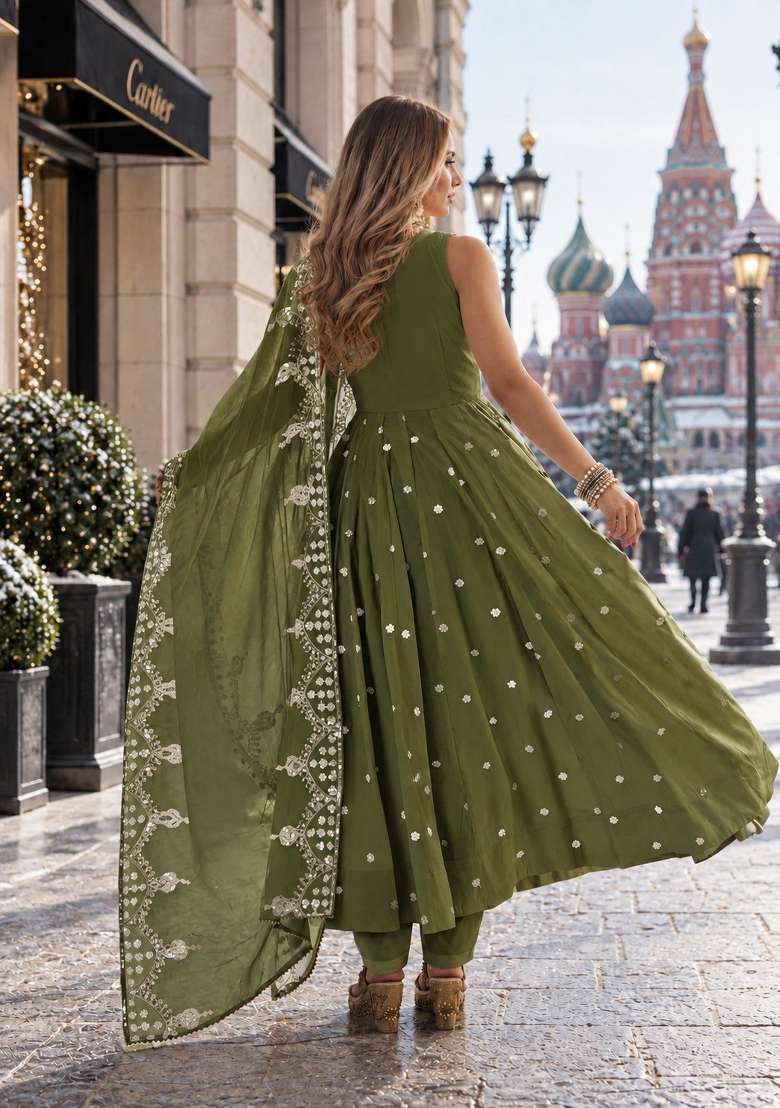 Mehendi Embroidery Silk Anarkali Set - Indya