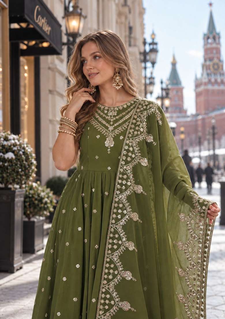 Mehendi Embroidery Silk Anarkali Set - Indya