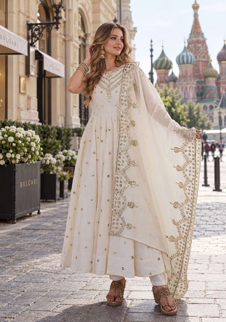 White Embroidery Silk Anarkali Set - Indya
