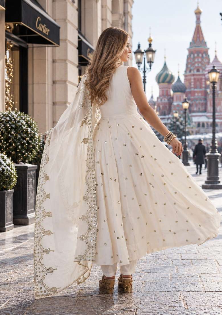 White Embroidery Silk Anarkali Set - Indya
