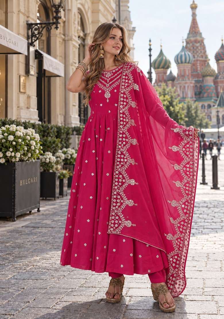 Rani Pink Embroidery Silk Anarkali Set - Indya