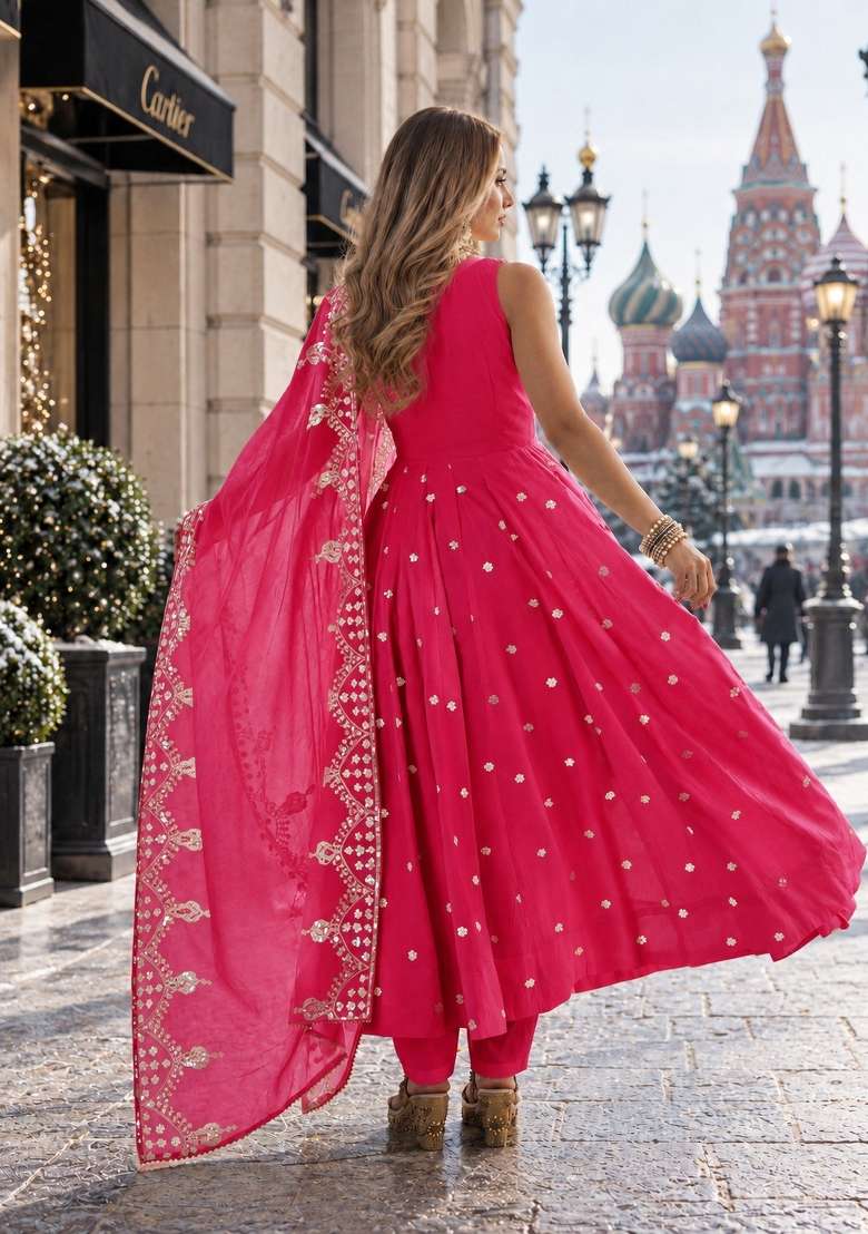 Rani Pink Embroidery Silk Anarkali Set - Indya