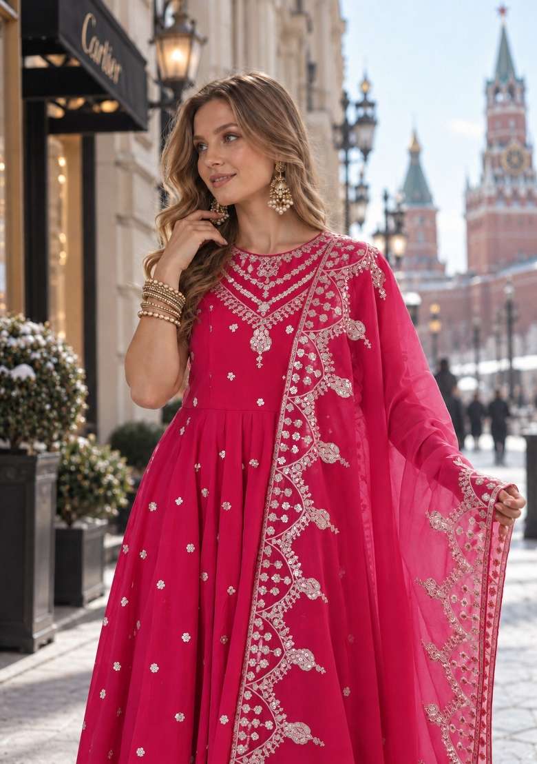 Rani Pink Embroidery Silk Anarkali Set - Indya