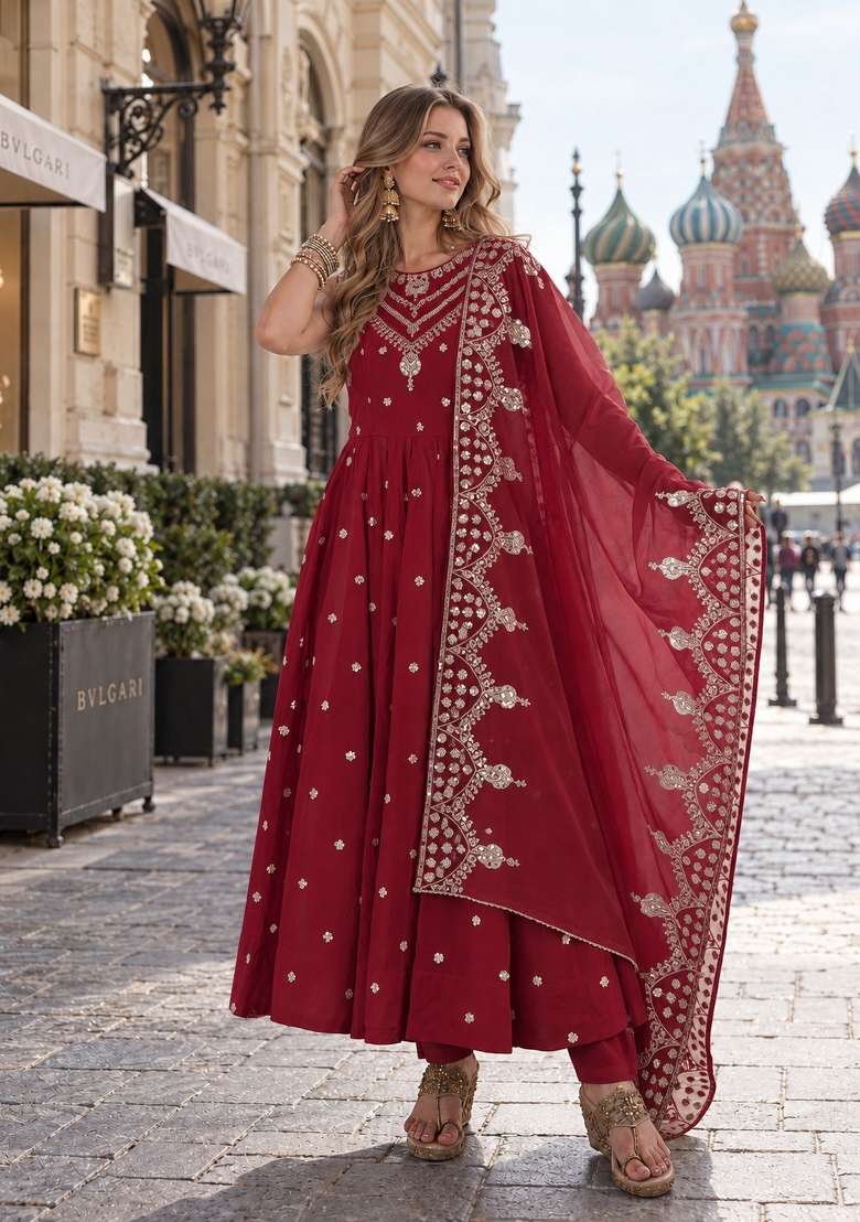Red Embroidery Silk Anarkali Set - Indya