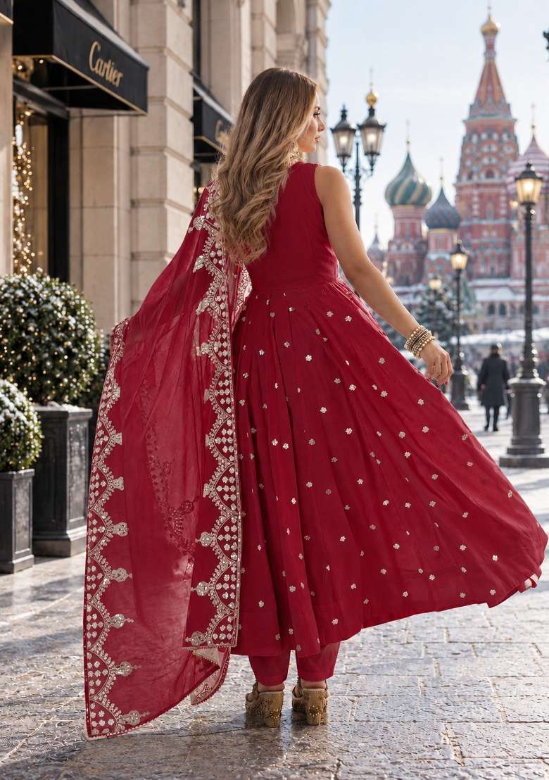 Red Embroidery Silk Anarkali Set - Indya
