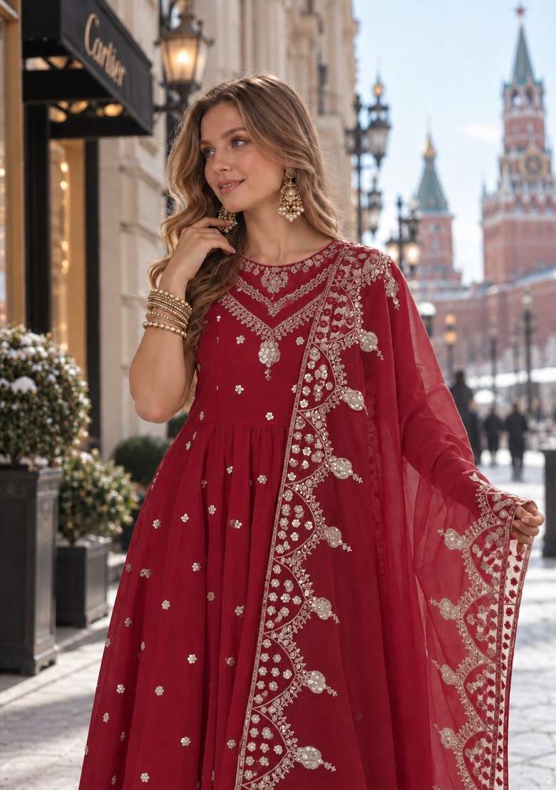 Red Embroidery Silk Anarkali Set - Indya