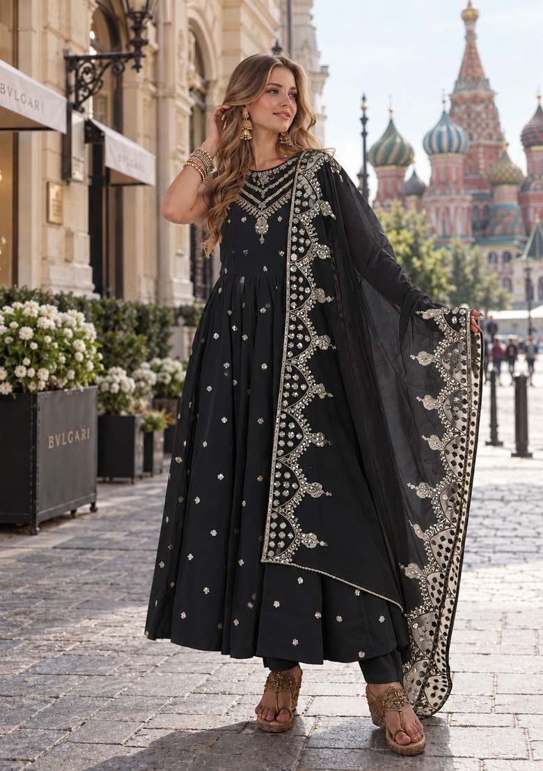 Black Embroidery Silk Anarkali Set - Indya