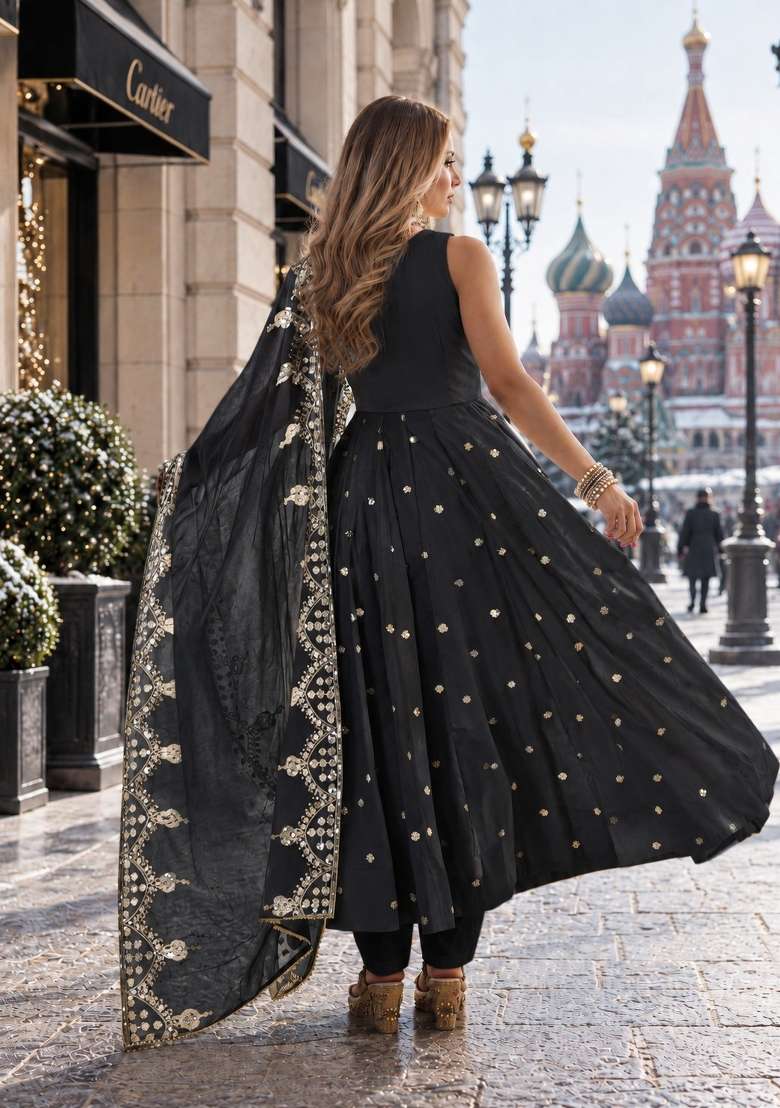 Black Embroidery Silk Anarkali Set - Indya