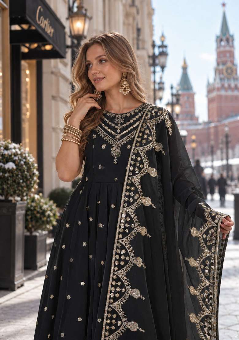 Black Embroidery Silk Anarkali Set - Indya