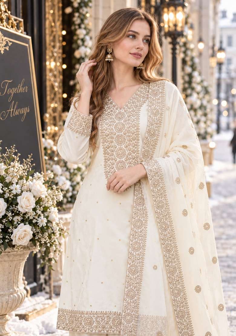 White Embroidery Silk Kurta Set - Indya