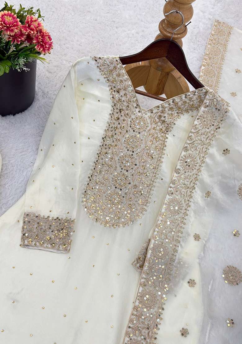 White Embroidery Silk Kurta Set - Indya