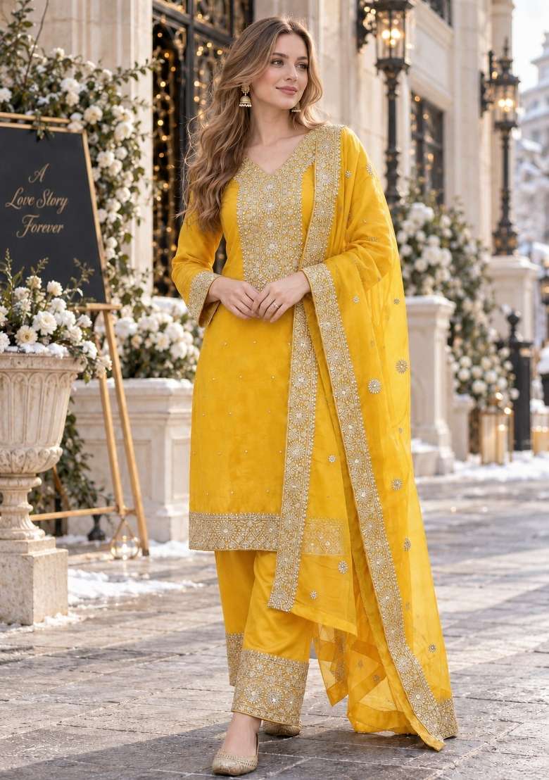 Yellow Embroidery Silk Kurta Set - Indya