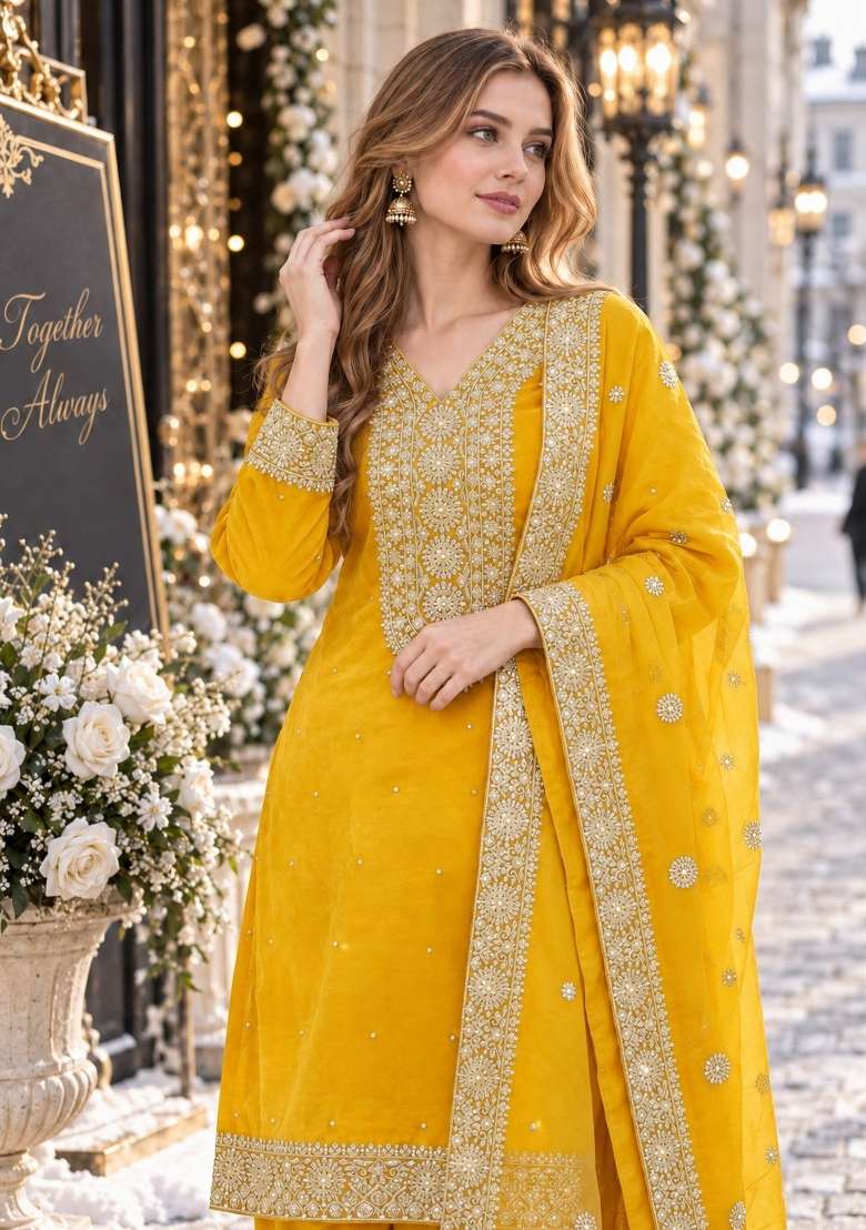 Yellow Embroidery Silk Kurta Set - Indya