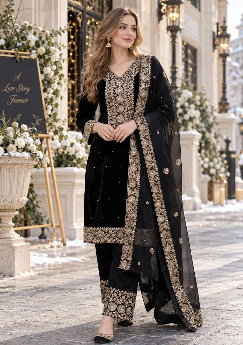 Black Embroidery Silk Kurta Set - Indya