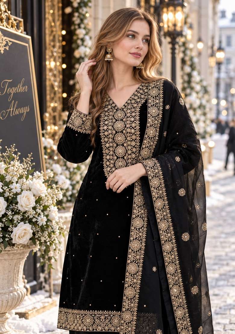 Black Embroidery Silk Kurta Set - Indya