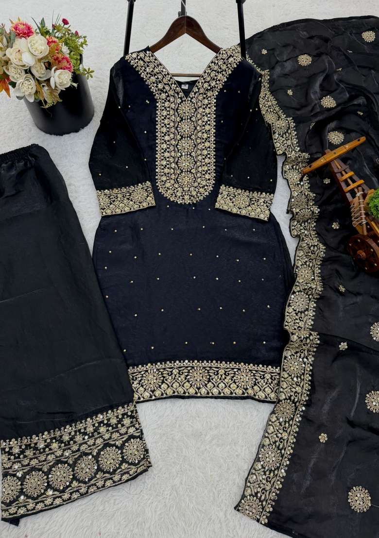 Black Embroidery Silk Kurta Set - Indya