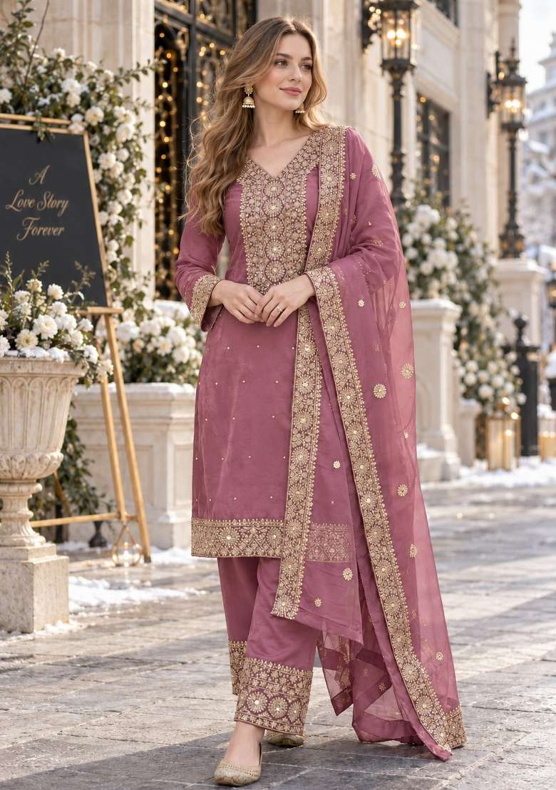 Pink Embroidery Silk Kurta Set - Indya