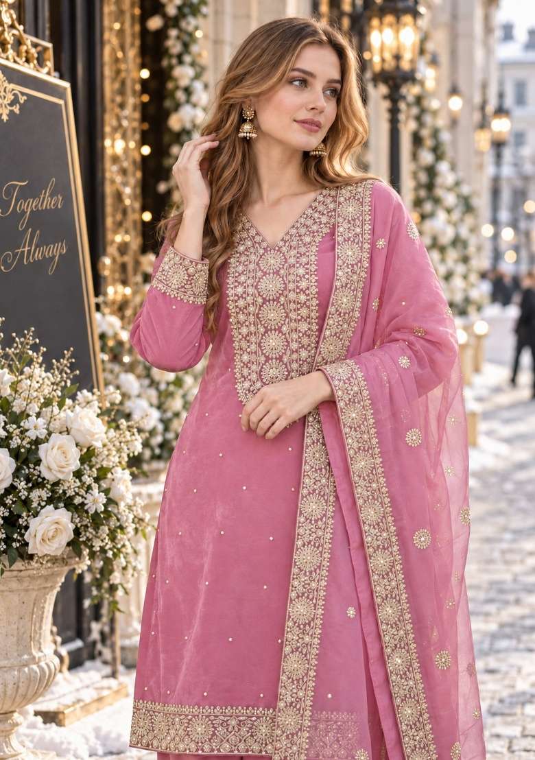 Pink Embroidery Silk Kurta Set - Indya