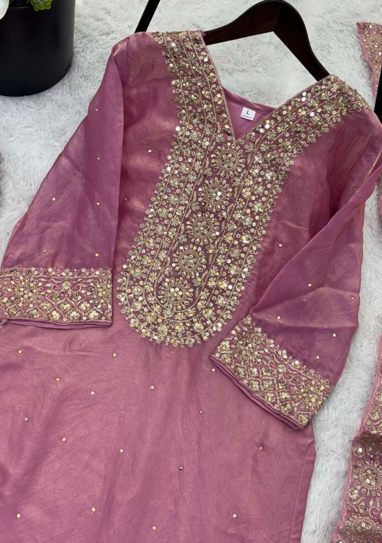 Pink Embroidery Silk Kurta Set - Indya