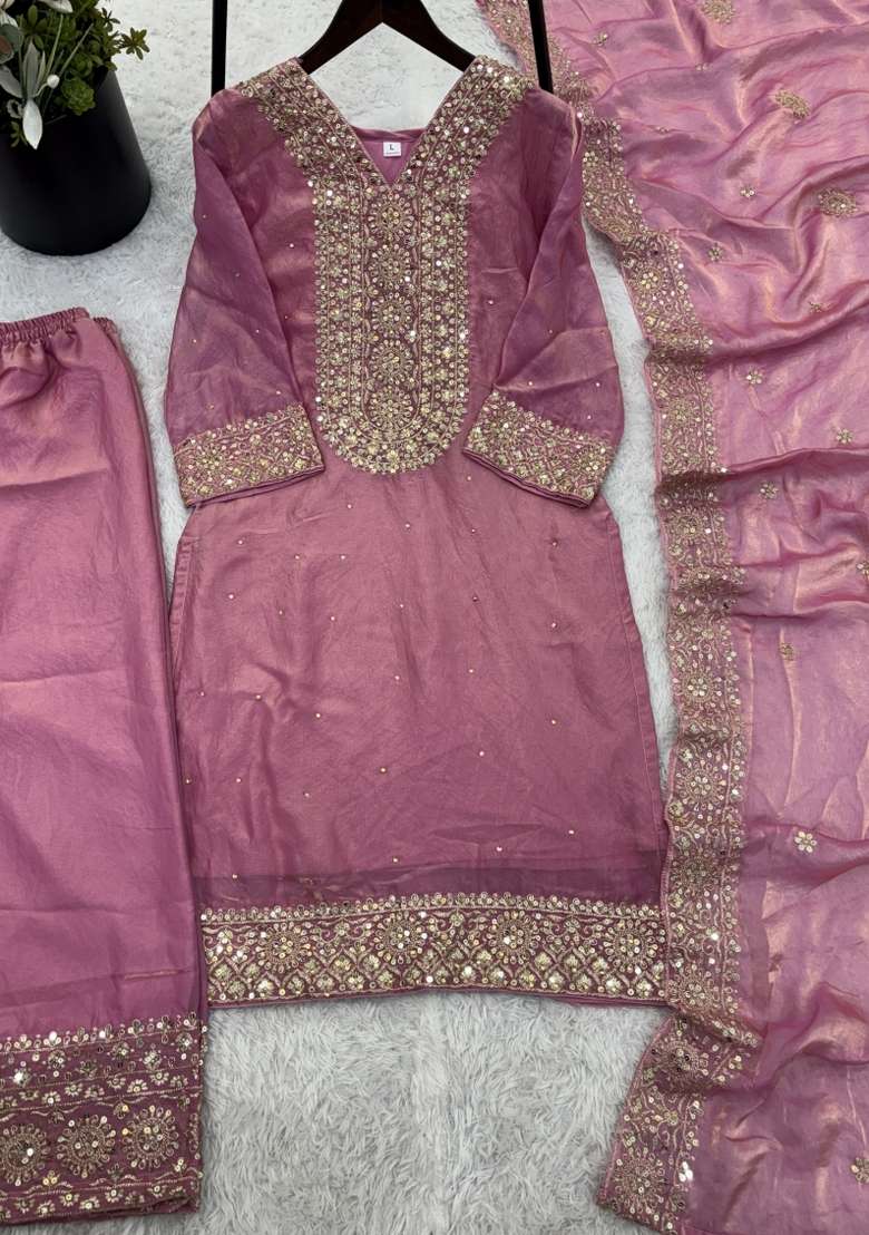 Pink Embroidery Silk Kurta Set - Indya