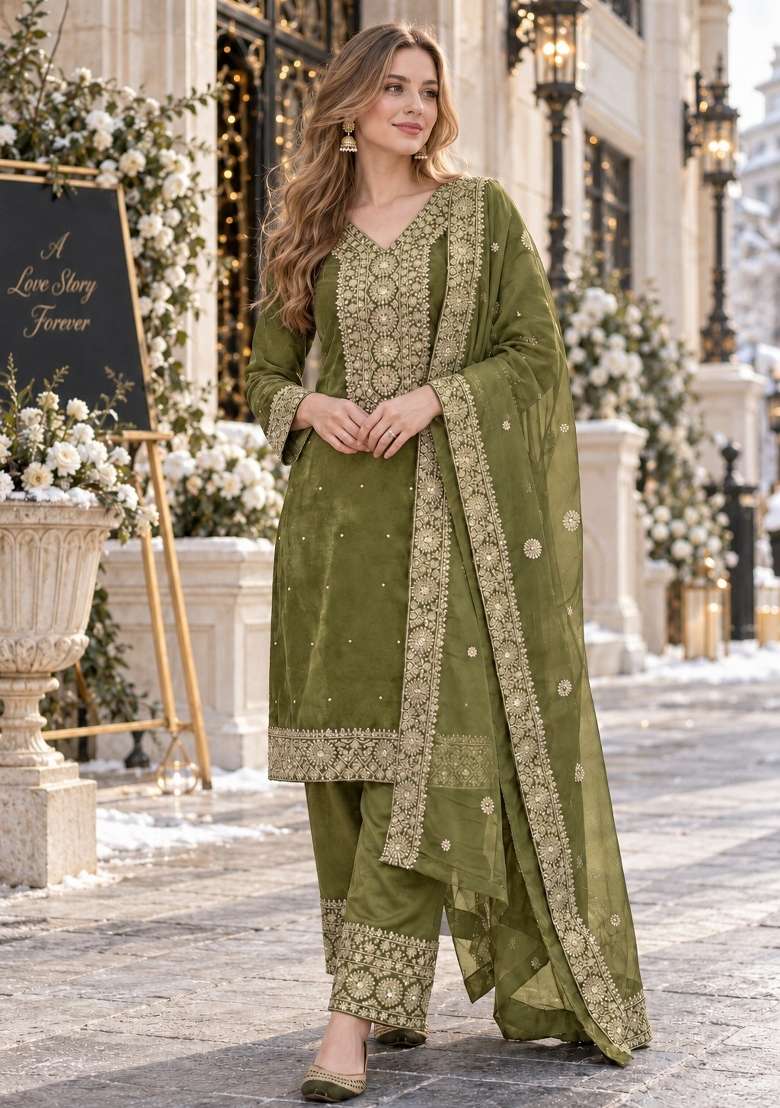 Mehendi Embroidery Silk Kurta Set - Indya