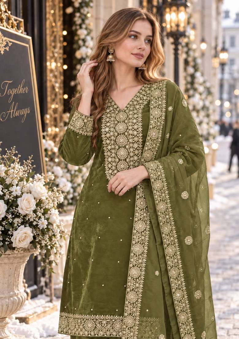 Mehendi Embroidery Silk Kurta Set - Indya