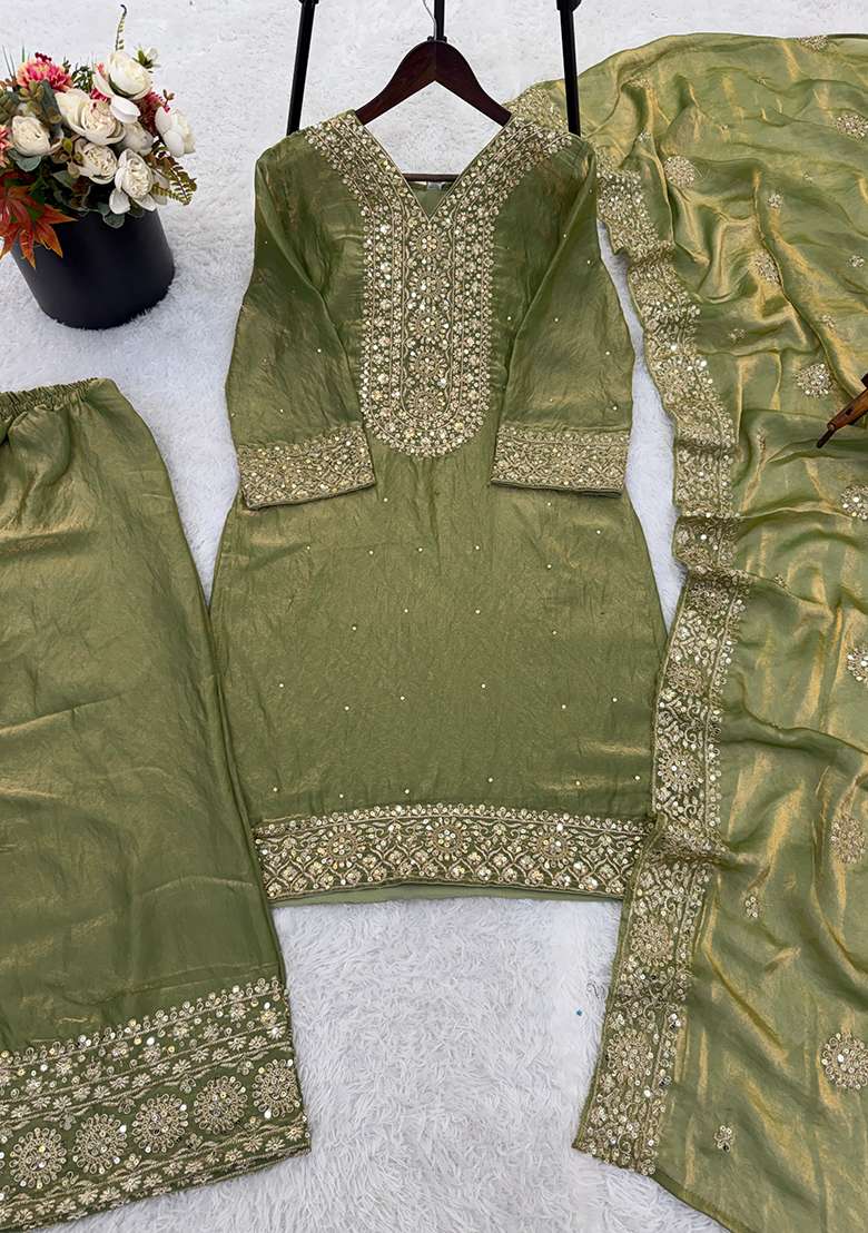 Mehendi Embroidery Silk Kurta Set - Indya