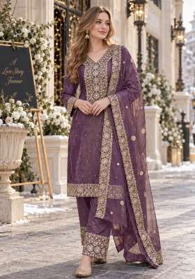 Purple Embroidery Silk Kurta Set