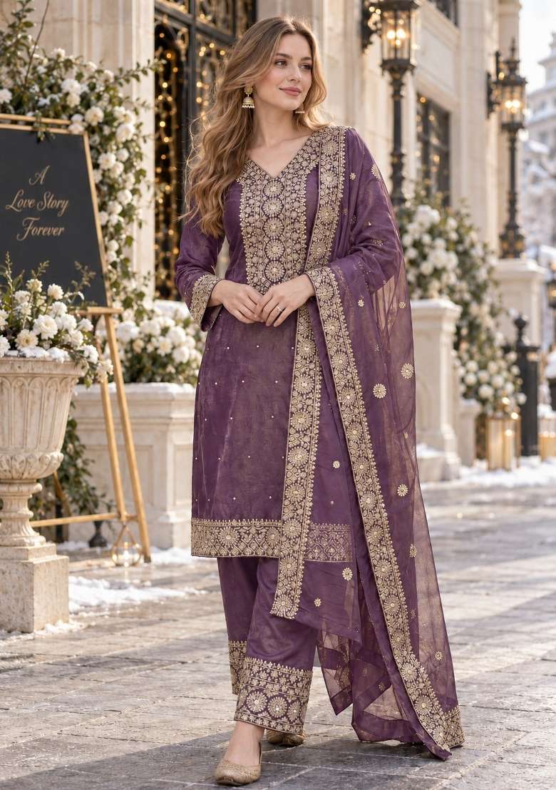 Purple Embroidery Silk Kurta Set - Indya