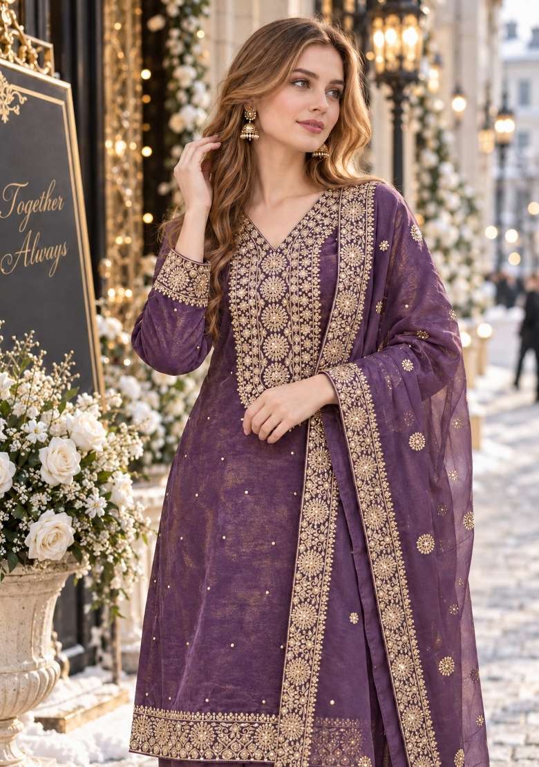 Purple Embroidery Silk Kurta Set - Indya