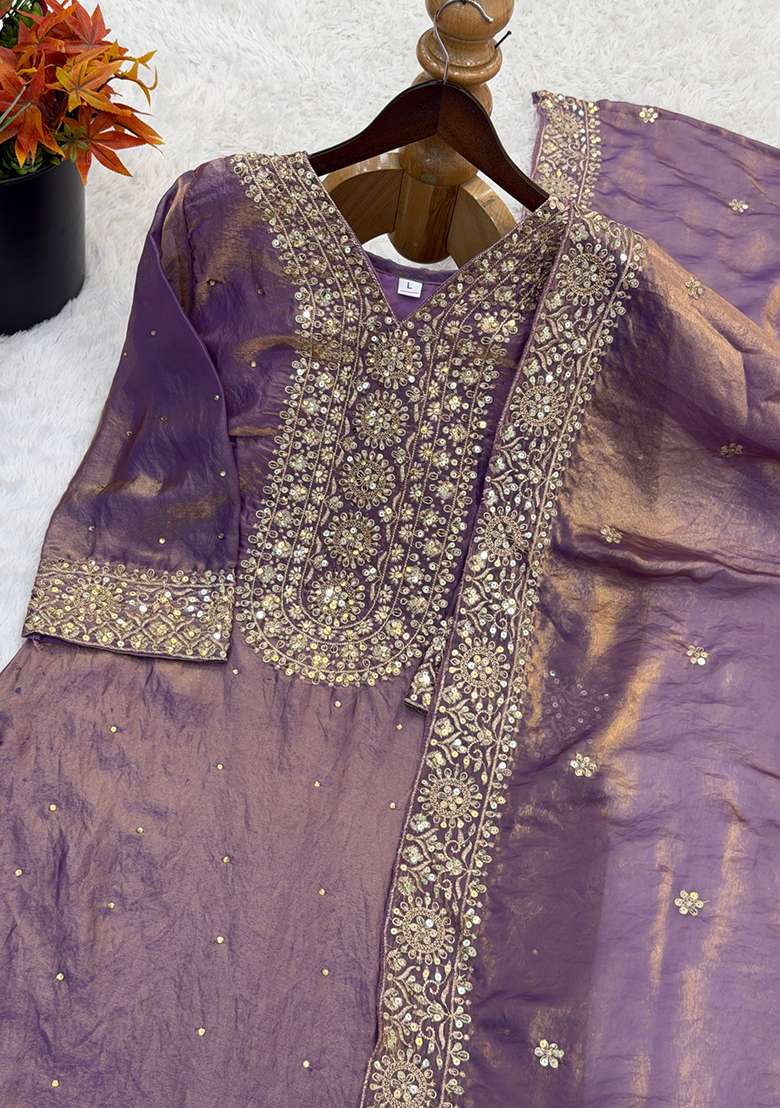 Purple Embroidery Silk Kurta Set - Indya