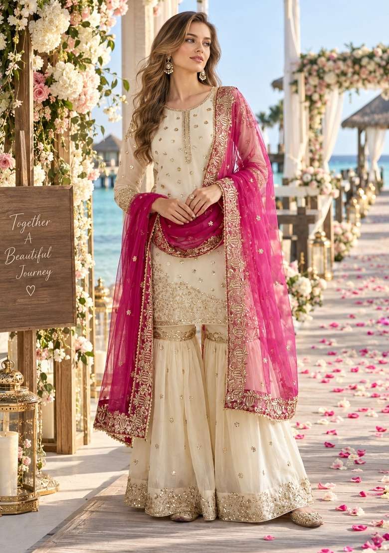 White Embroidery Silk Kurta Set - Indya
