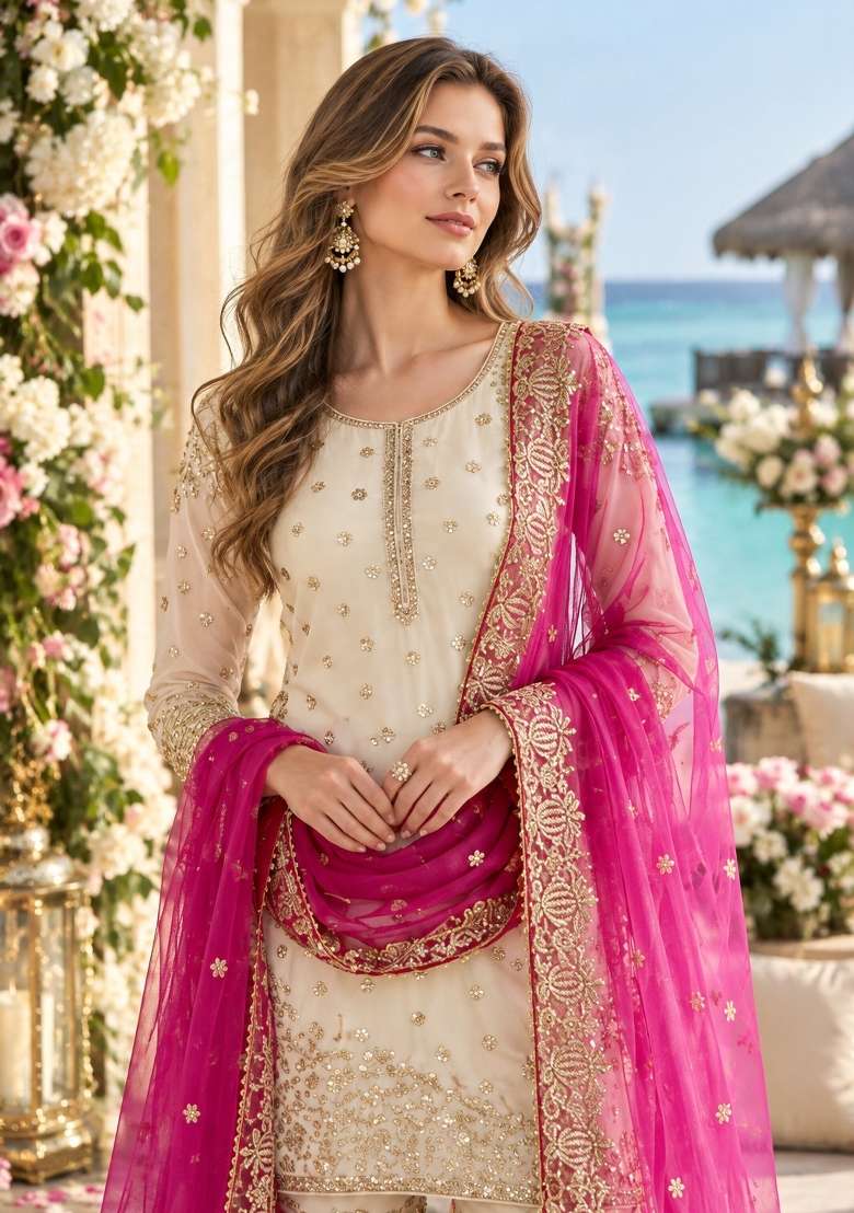 White Embroidery Silk Kurta Set - Indya