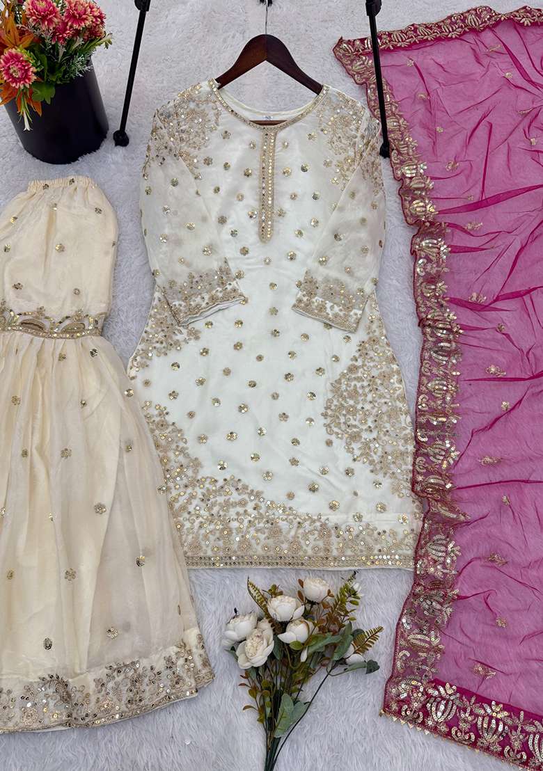White Embroidery Silk Kurta Set - Indya
