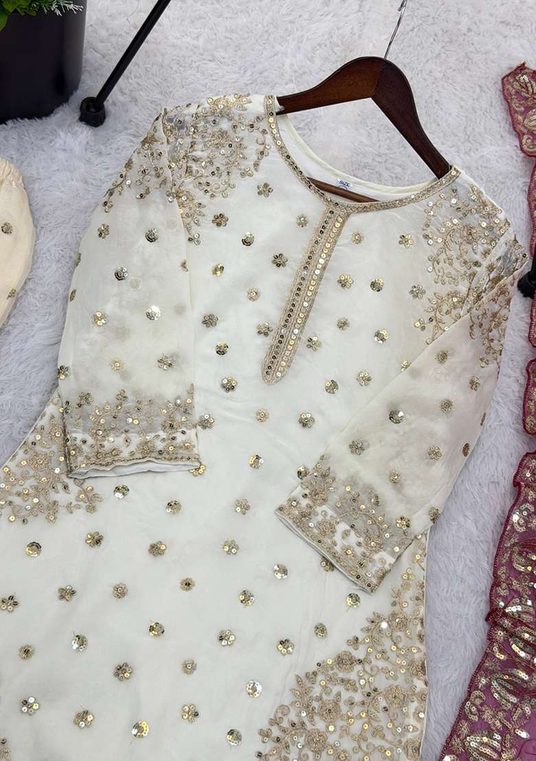 White Embroidery Silk Kurta Set - Indya