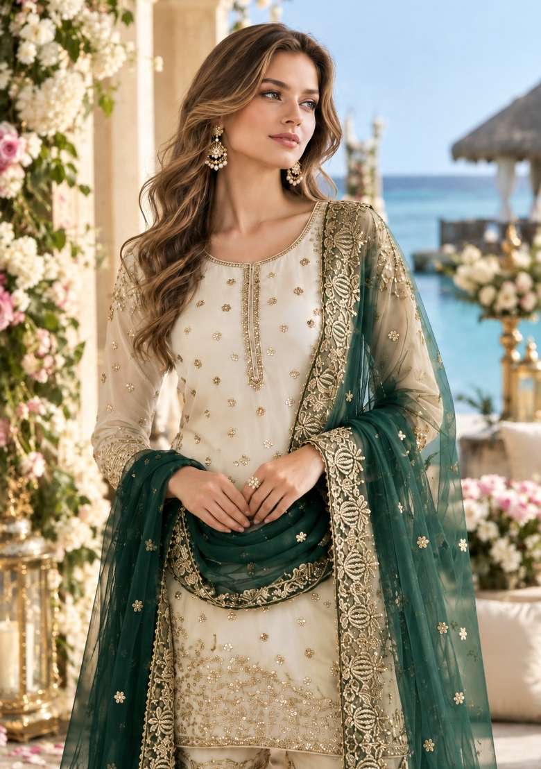 White Embroidery Silk Kurta Set - Indya