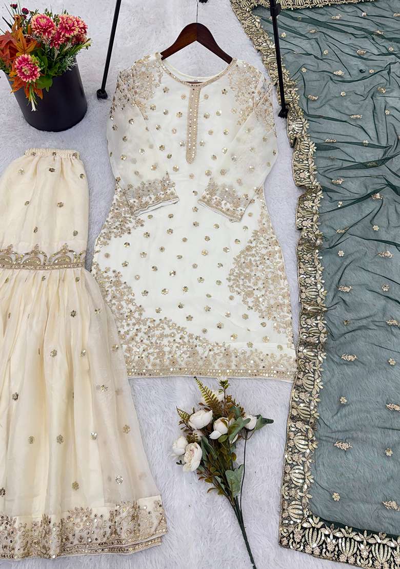 White Embroidery Silk Kurta Set - Indya