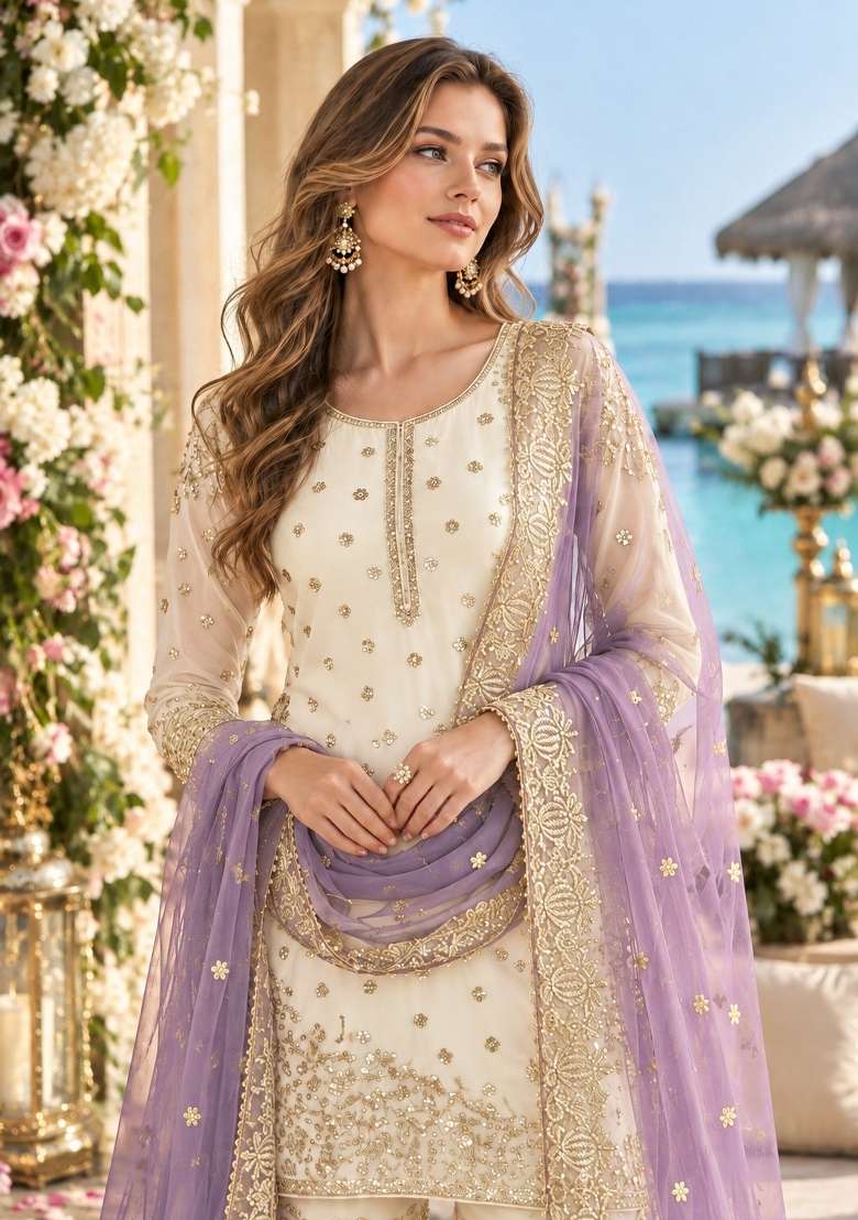 White Embroidery Silk Kurta Set - Indya