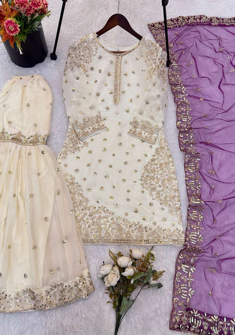 White Embroidery Silk Kurta Set - Indya